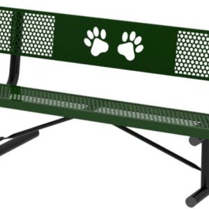 6FT PAWS LOGO BENCH WITH BACK, Large Hole 11 Gauge Punched Steel, Rounded Corners, Two 2 3/8" Legs, Portable