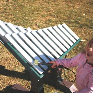 Merry - 11 note resonated metallophone, aluminum resonators & bars 2 mallets, recycled plastic posts - In-Ground