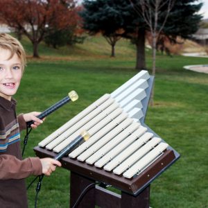 Piper - 11 note resonated marimba, aluminum resonators, fiberglass bars, 2 mallets, recycled plastic posts - In-Ground